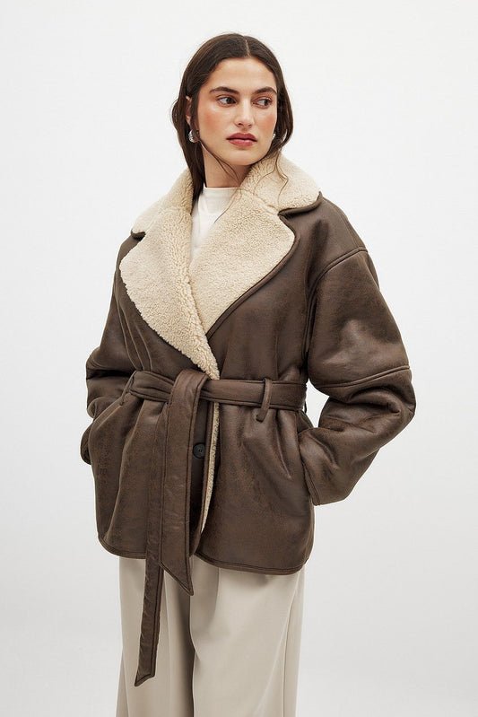 Faux Shearling Coat | Turn-Down Collar | Side Zip Closure