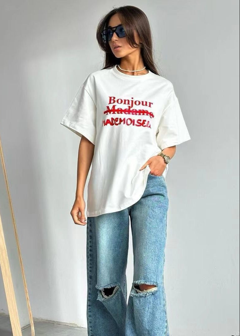 Bonjour Mademoiselle Tee – Oversized White Graphic T-Shirt with French Text