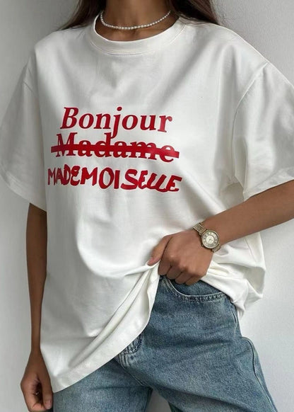 Bonjour Mademoiselle Tee – Oversized White Graphic T-Shirt with French Text