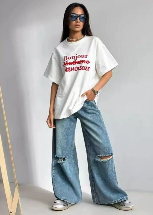 Bonjour Mademoiselle Tee – Oversized White Graphic T-Shirt with French Text