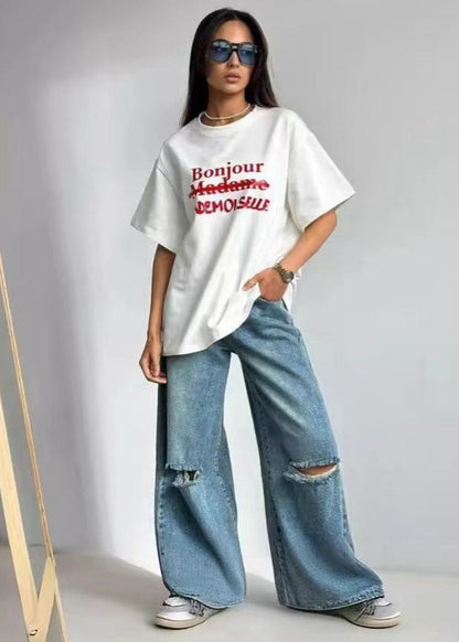 Bonjour Mademoiselle Tee – Oversized White Graphic T-Shirt with French Text