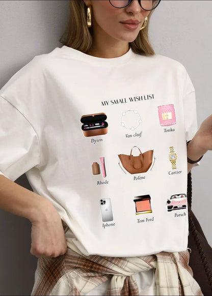 Wishlist Oversized Tee – White Graphic T-Shirt with “My Small Wish List” Print
