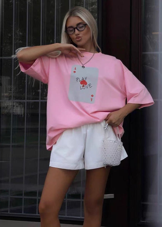 Play Love Oversized Tee – White Graphic T-Shirt with Ace Card Print