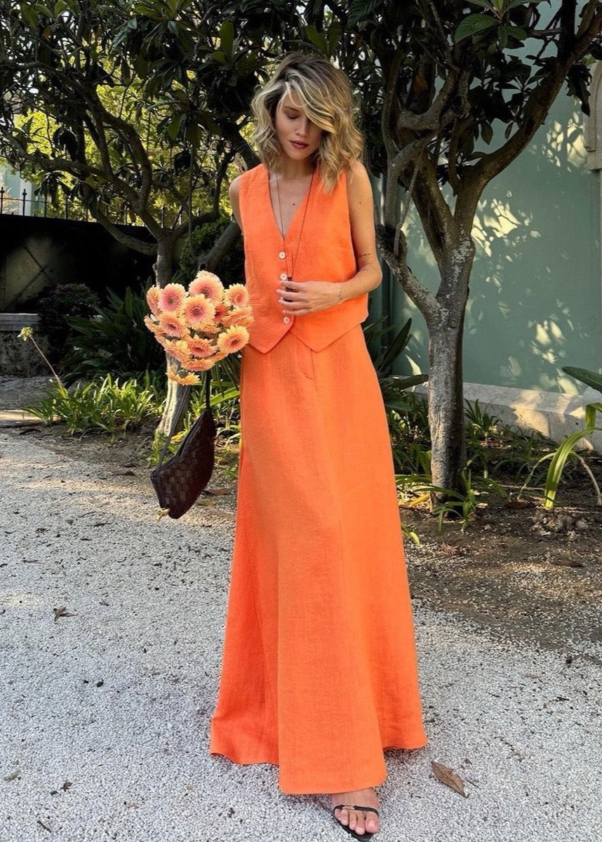 Solara - Sleeveless Linen Vest & Maxi Skirt Set