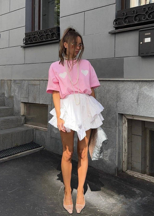 SweetHeart Cotton Tee – Pink Oversized T-Shirt with White Heart Patches