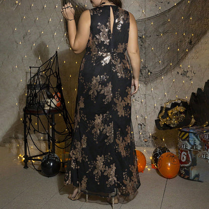 plus Size Sequined Embroidered Sleeveless Evening Dress