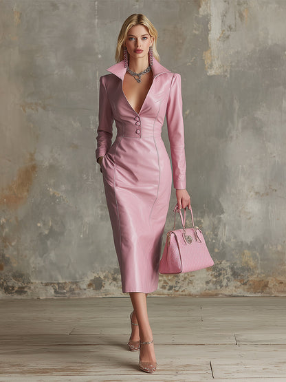 Elegant And Gentle Pink Faux Leather Midi Dress