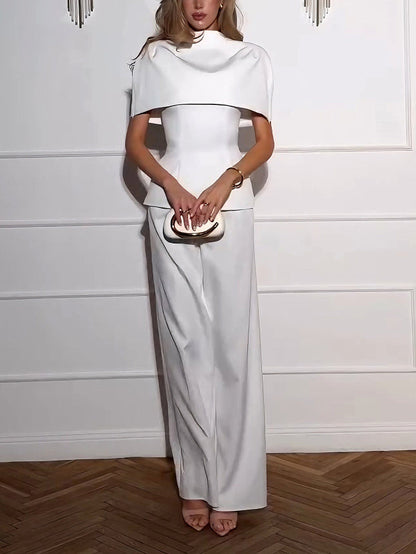 Elegant Cape-Style Top & Wide-Leg Pants Two-Piece Set