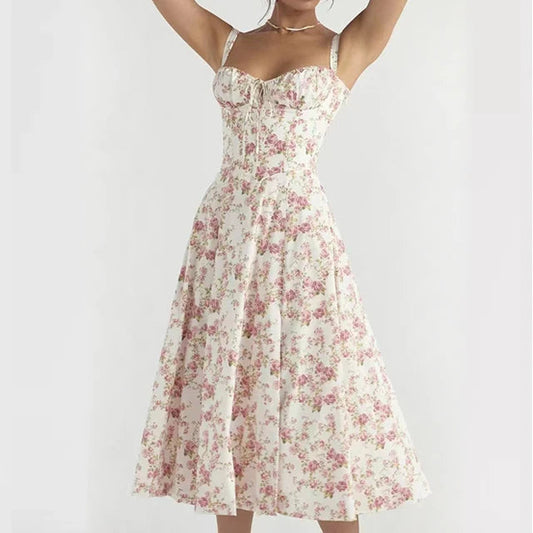 Aurora Floral Corset Midi Dress | Sweetheart Neckline, Slit Skirt, Spaghetti Straps