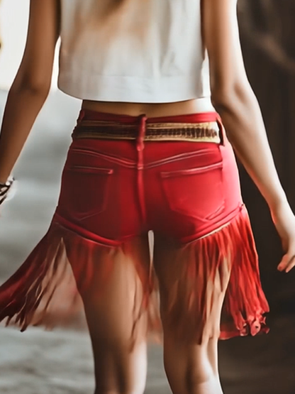 【24-hour shipping out】Western Vintage Red Tassel Shorts