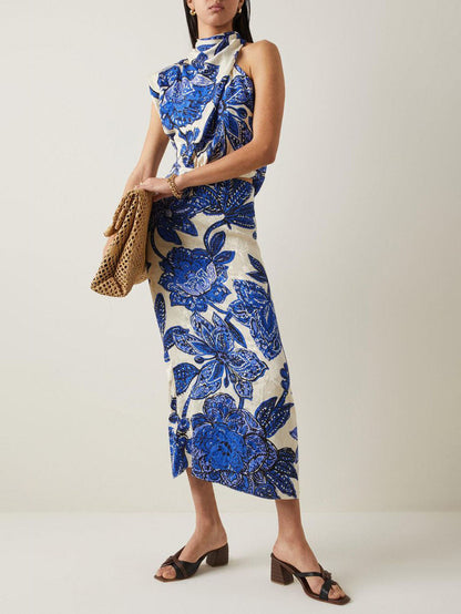 Elegant Cutout Drape Floral Print Midi Dress
