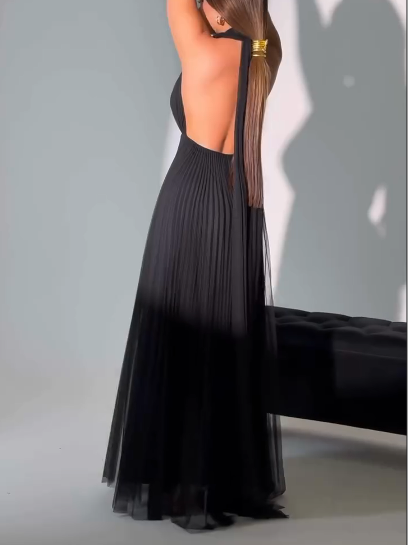 Backless Halter Pleated Maxi Dress