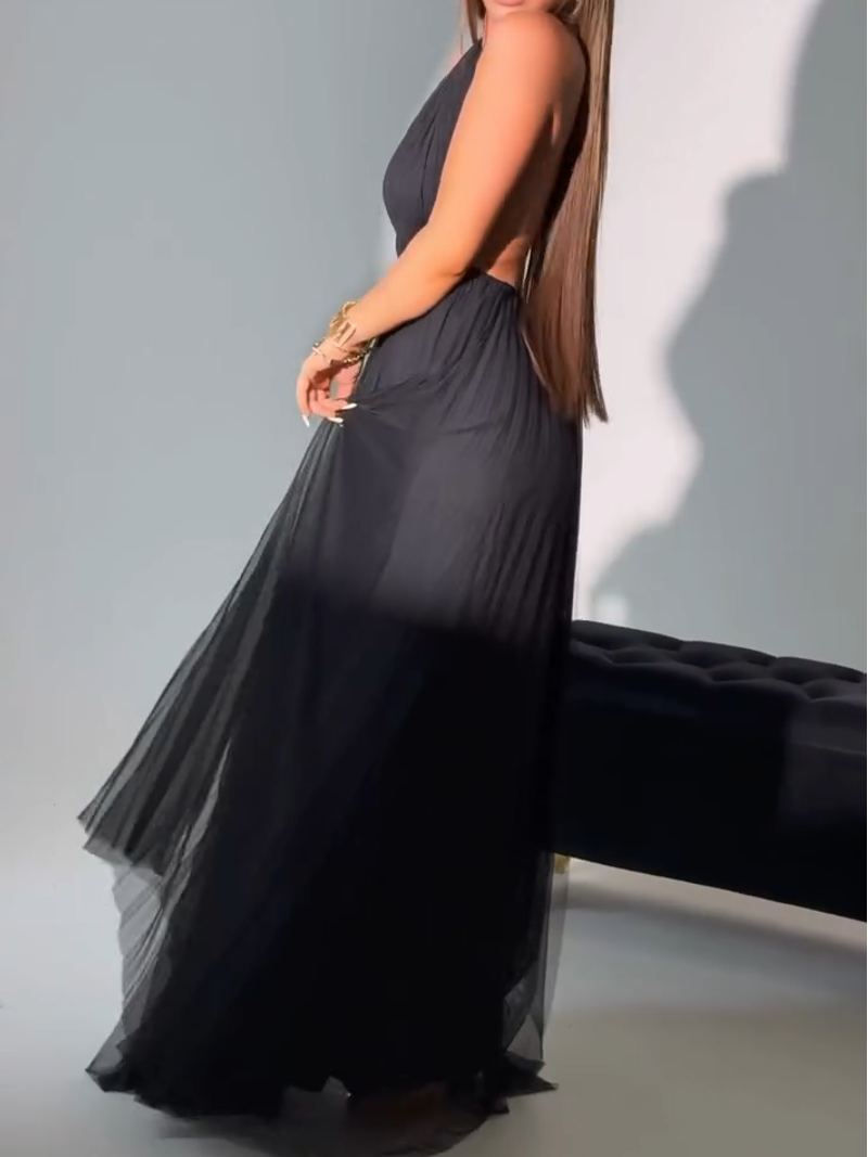 Backless Halter Pleated Maxi Dress