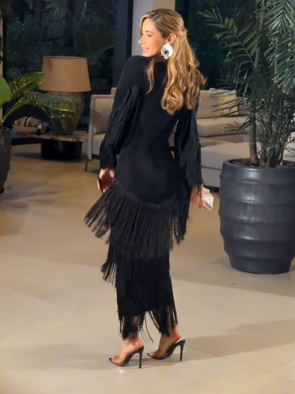 Deep V - Neck Fringe Midi Dress