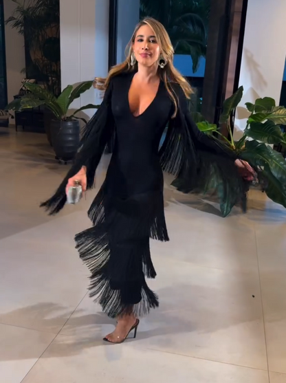 Deep V - Neck Fringe Midi Dress