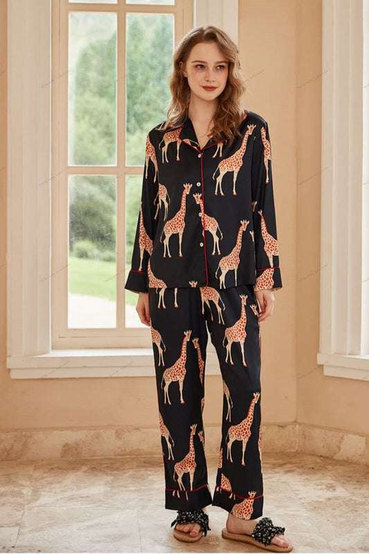 Giraffe Long Sleeve Ice Silk Casual Wear Set - Black