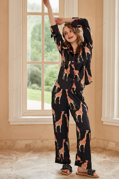 Giraffe Long Sleeve Ice Silk Casual Wear Set - Black