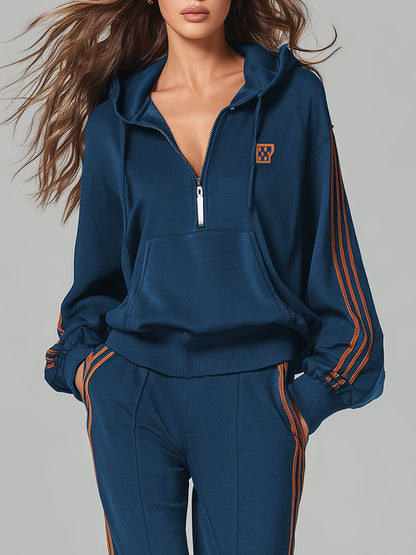 Casual Ruffle Trim Dark Blue Hooded Sweatshirt And Trousers Sports Set