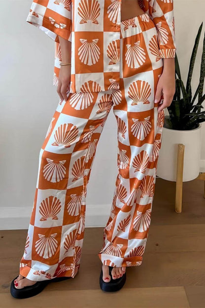 Special Satin Shell Print Wide Leg Pants-Set