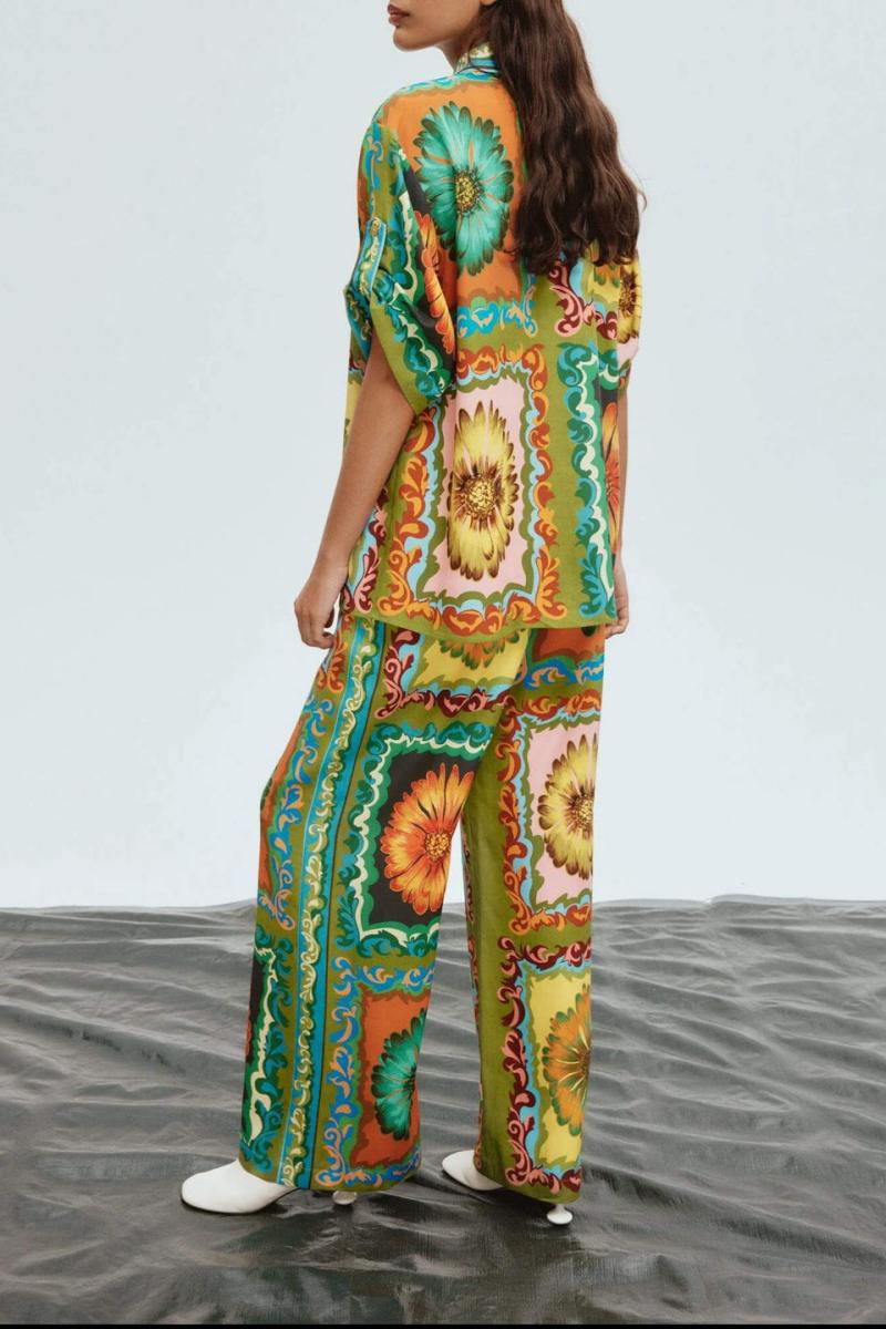 Unique Sunflower Print Wide Leg Pants-Set